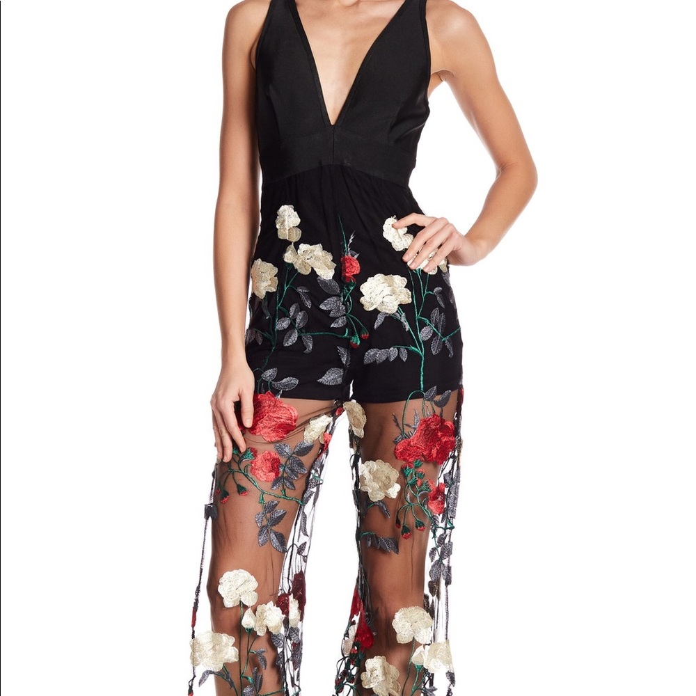 Sheer Embroidered Floral Jumpsuit Romper - Black with Red & Cream Floral